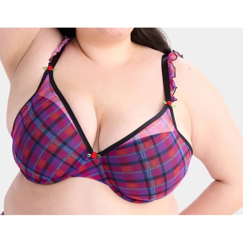 Parade Plaid Ruffled Silky Mesh Demi Bra Womens M Magenta Blue Recycled NWT